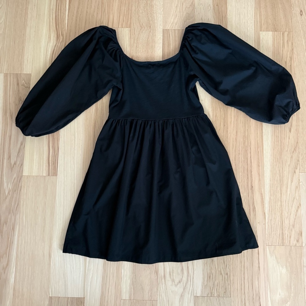 Nation LTD Heddie Combo Babydoll puff 3/4 sleeves Dress Size M In Jet Black - Picture 14 of 14